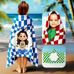 Personalized Beach Towel hooded kids towel blue checkered with cartoon girl and name Martha on back