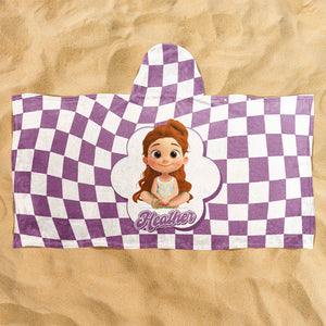 Personalized Beach Towel hooded purple white checkered towel with cartoon girl illustration and name Heather