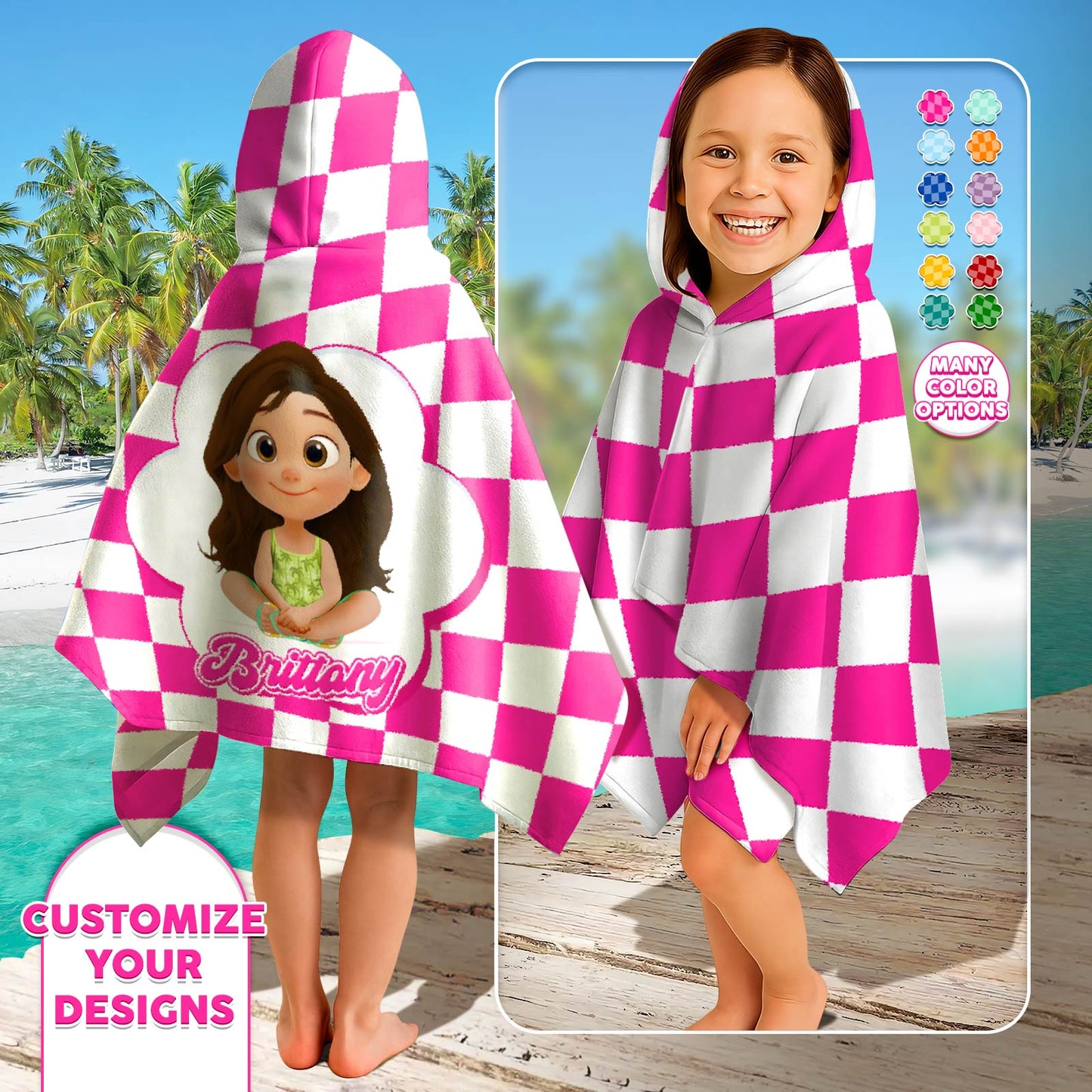 Personalized Beach Towel hooded kids pink white checkered towel with custom cartoon avatar and name Brittany