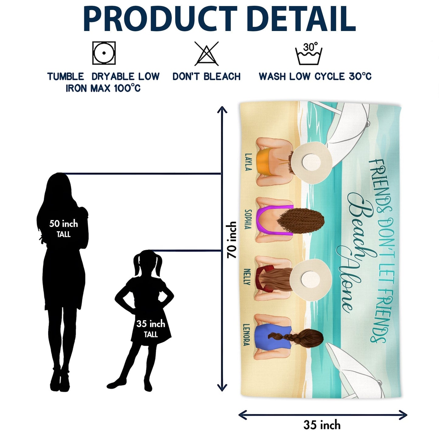 Personalized Beach Towel 70 by 35 inch beach scene with four women illustration and height comparison silhouettes