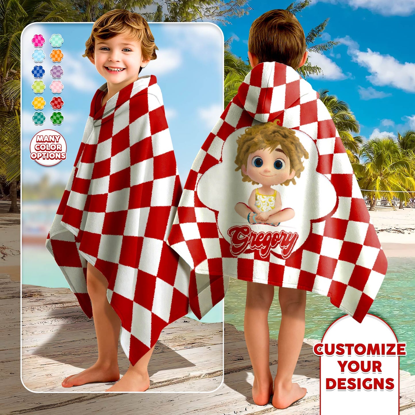 Personalized Beach Towel red and white checkered hooded towel with custom cartoon character and name on child at beach