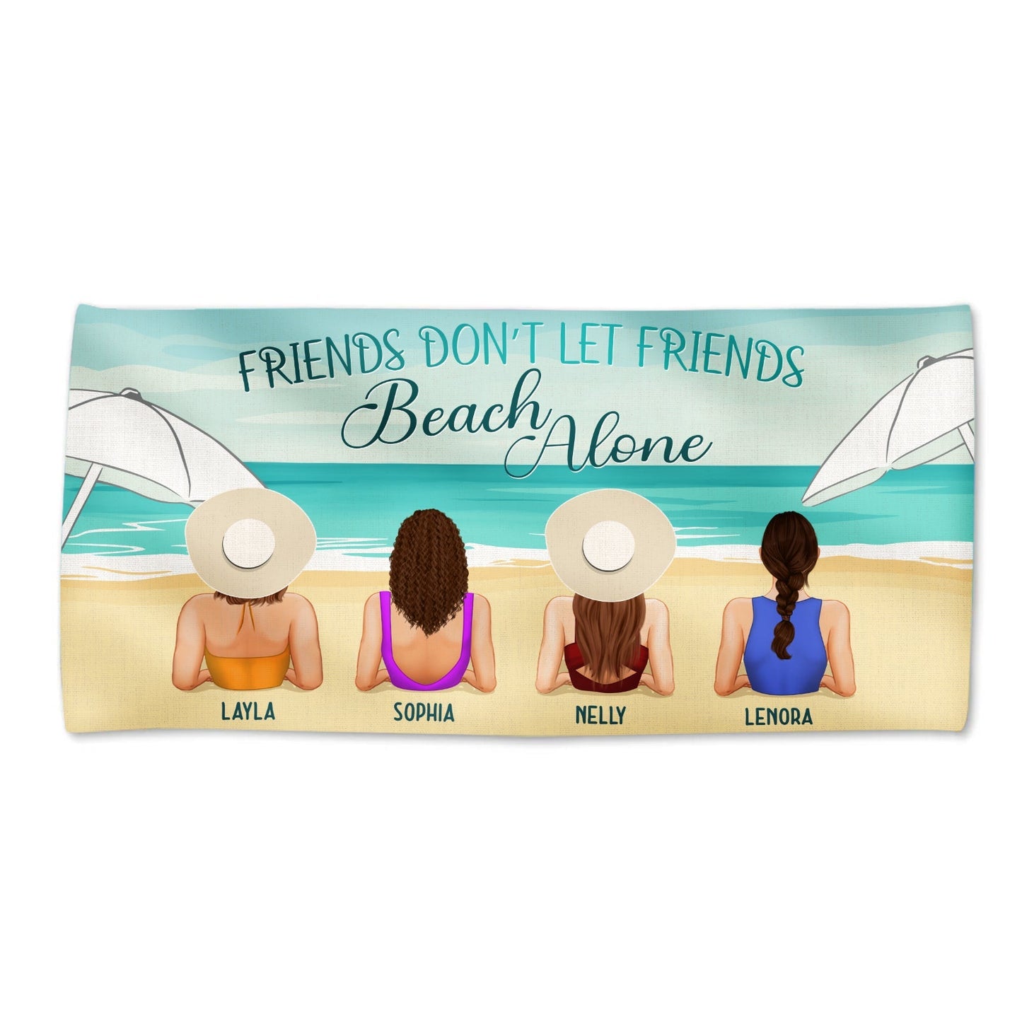 Personalized Beach Towel showing four friends seated on sand facing ocean under umbrellas with personalized names