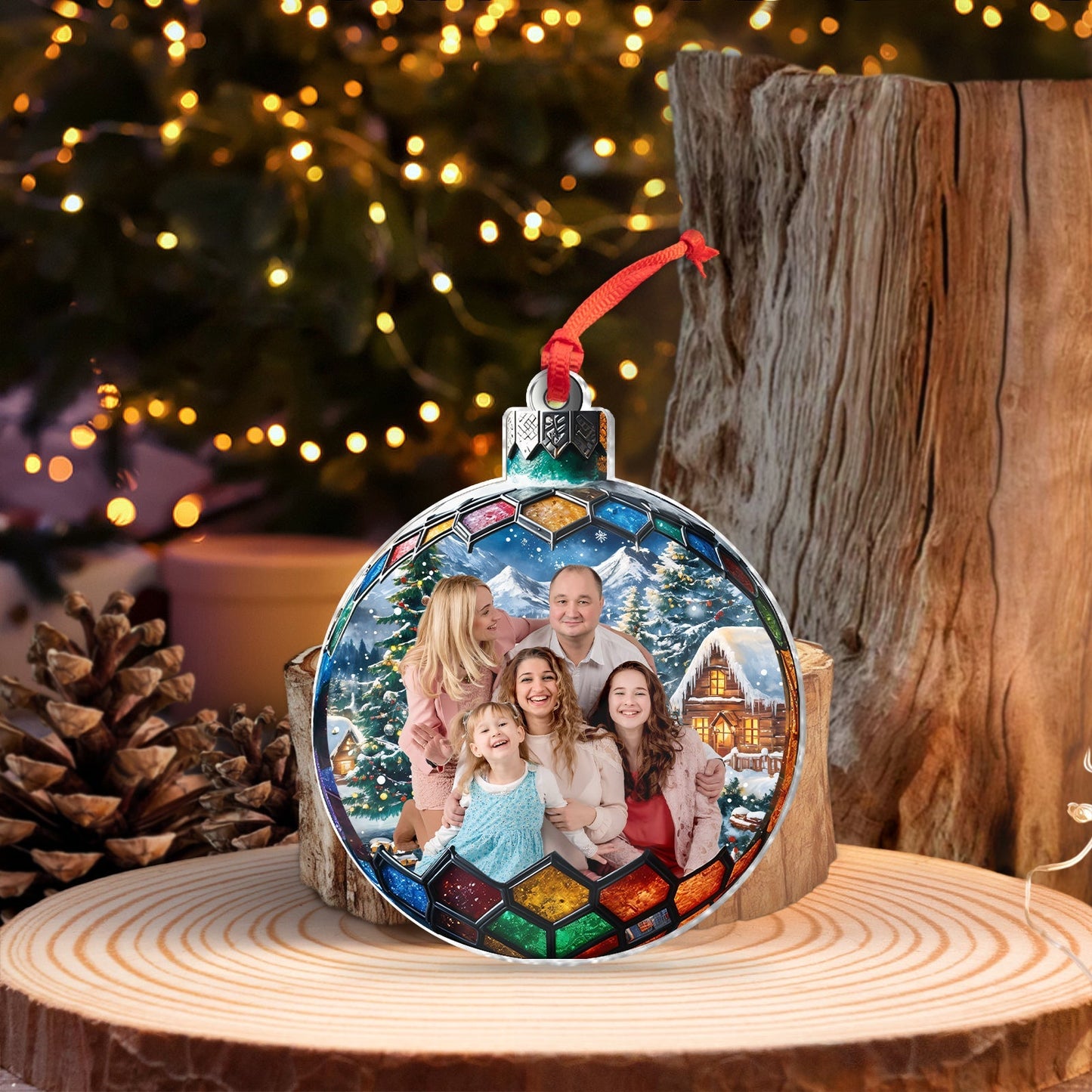 365Gifty personalized family Christmas ornament featuring a photo of a smiling family with winter holiday background
