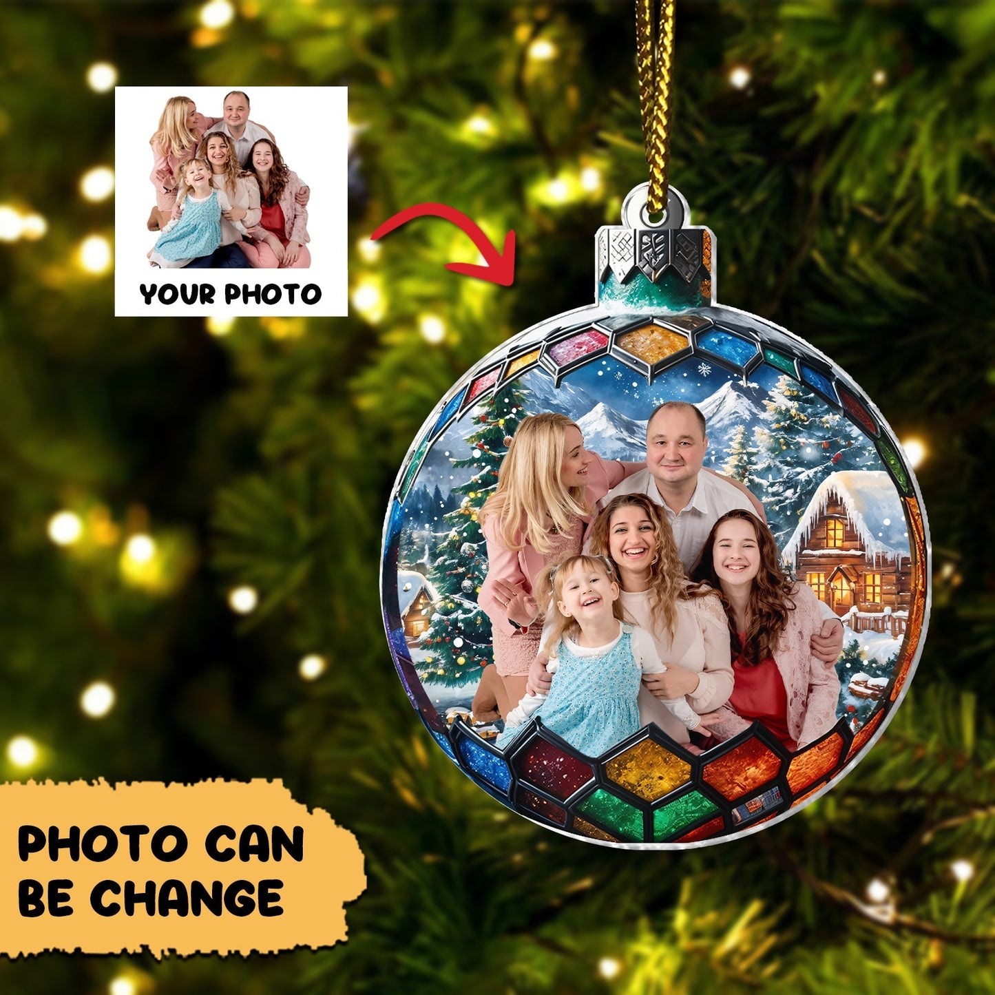365Gifty personalized family Christmas ornament with customizable photo and colorful stained glass design