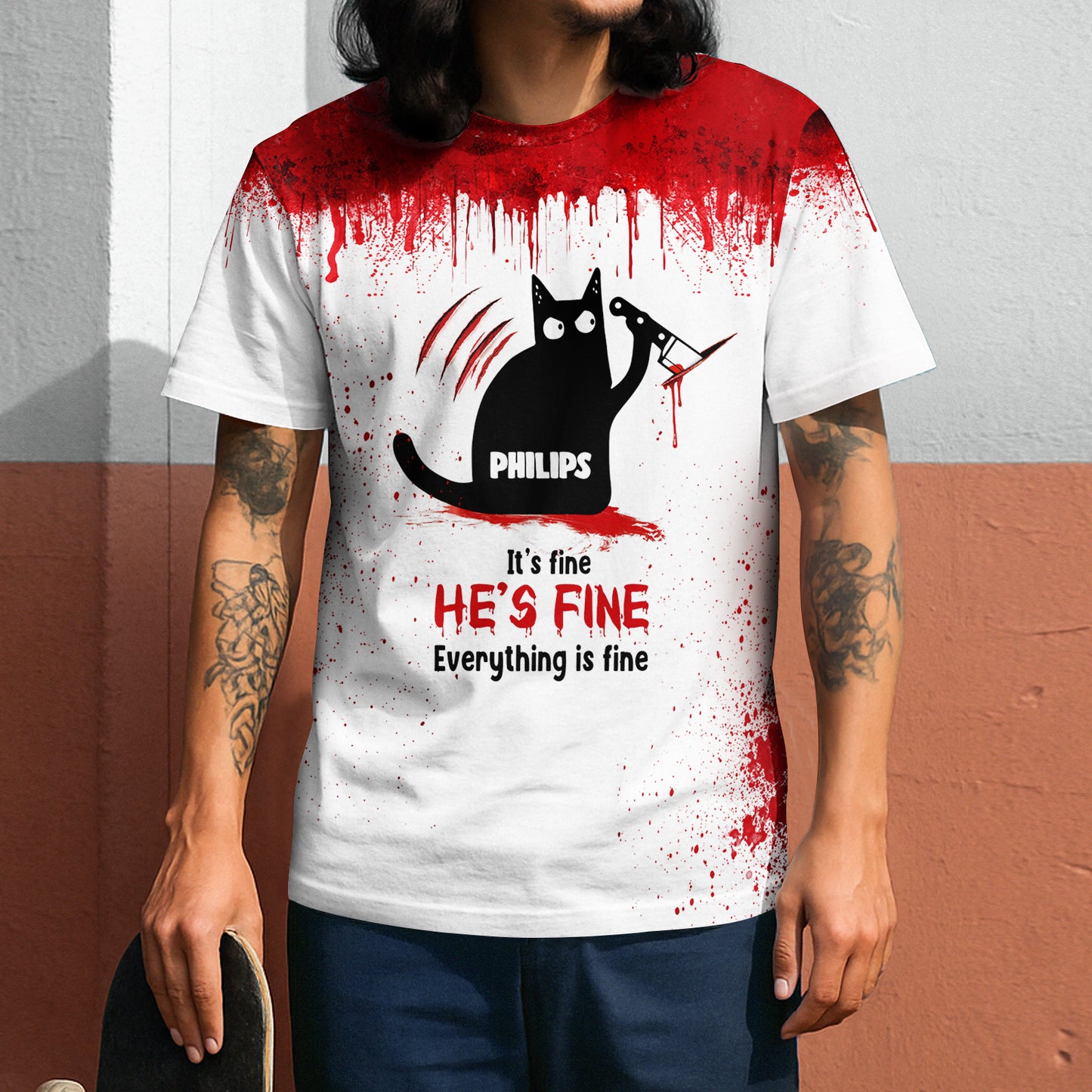 Man wearing personalized Halloween black cat shirt with red blood splatter and black cat holding knife graphic