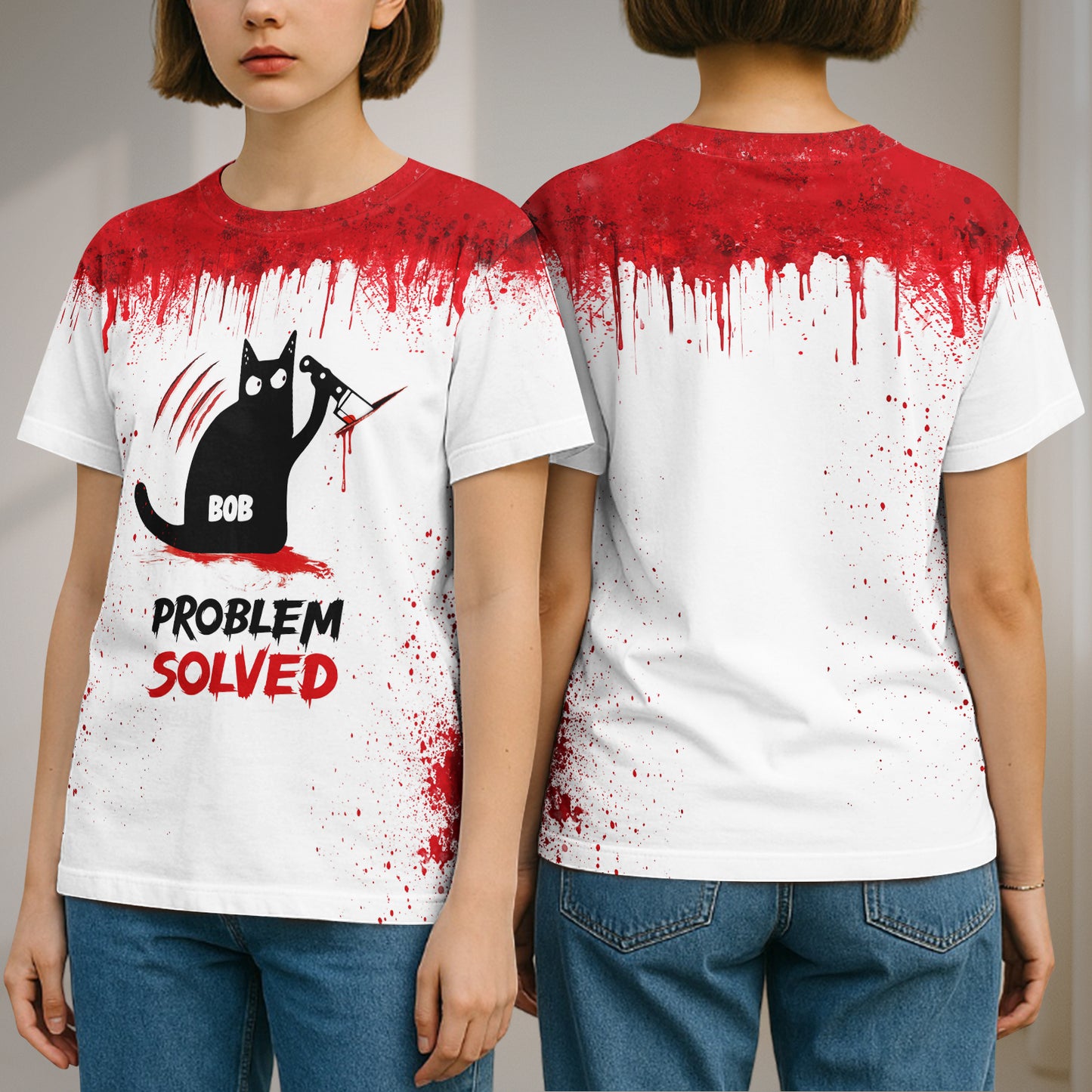 personalized Halloween black cat shirt white tee with red blood splatter front and back cat named BOB with knife