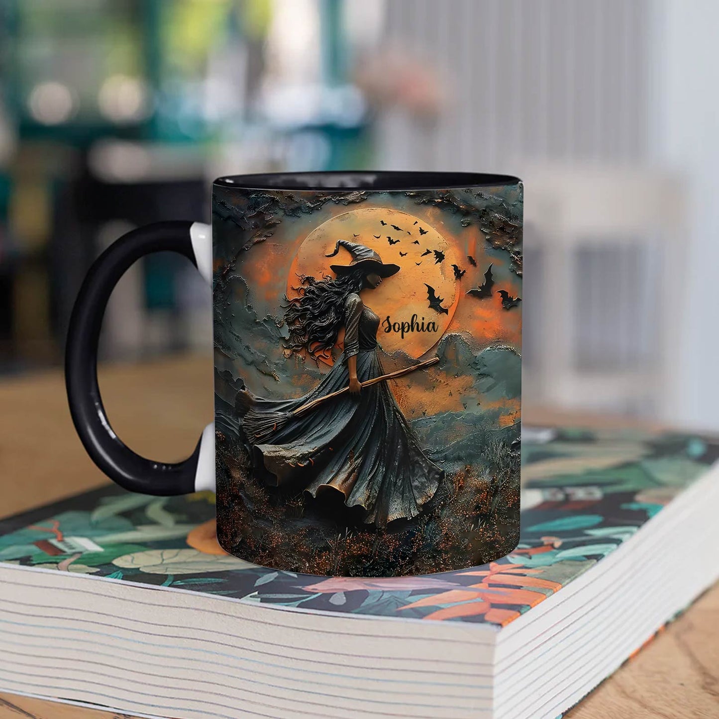 365Gifty personalized Halloween mug with witch and full moon design featuring name Sophia