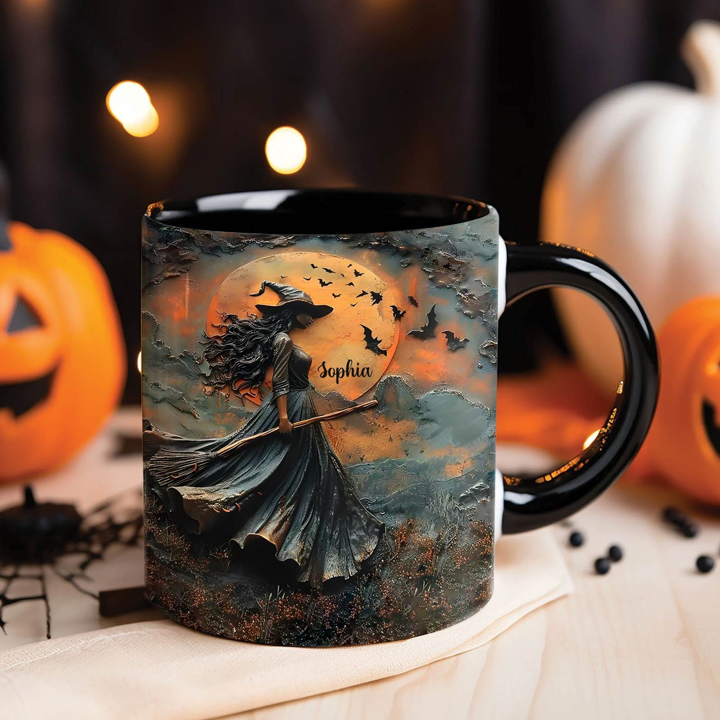 365Gifty personalized Halloween mug featuring a witch flying on a broomstick against a full moon with bats and the name Sophia