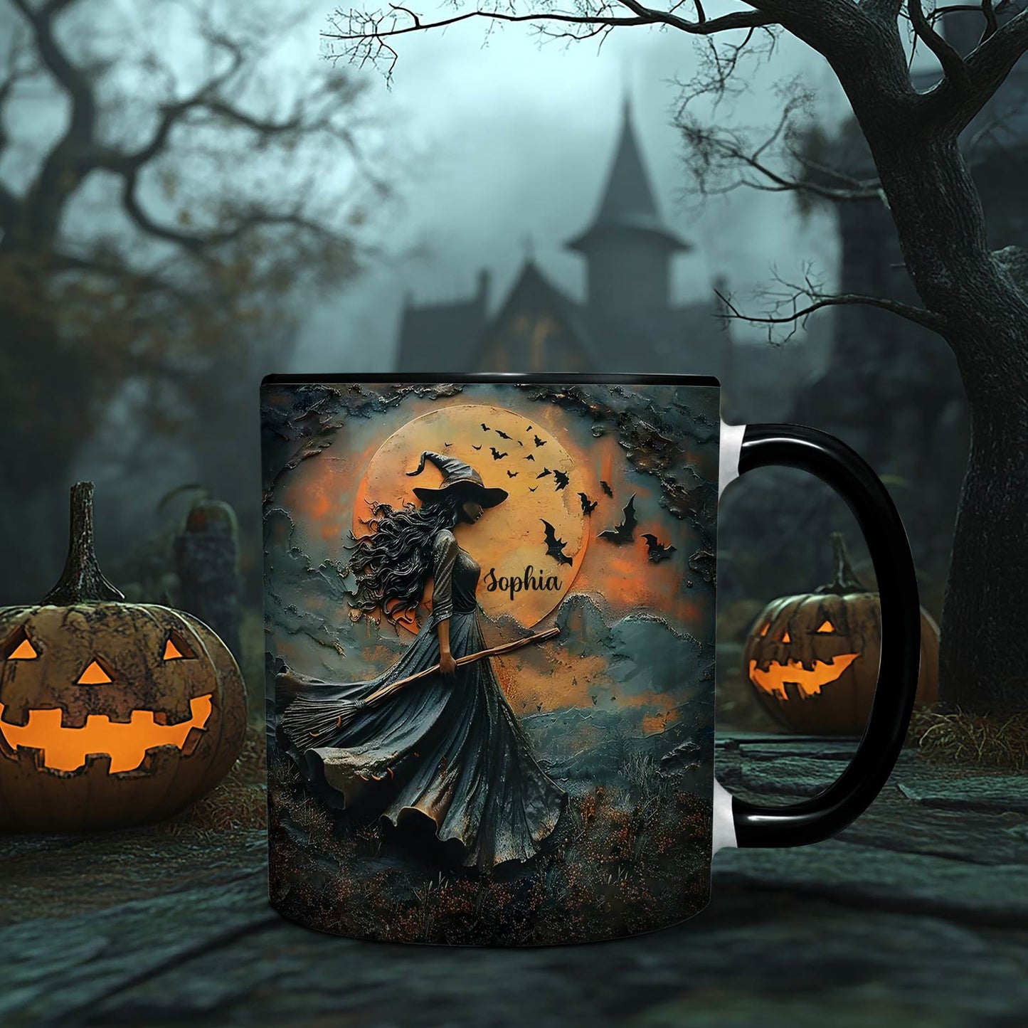 Personalized Halloween mug featuring a witch with flowing hair and bats flying in front of a glowing orange moon