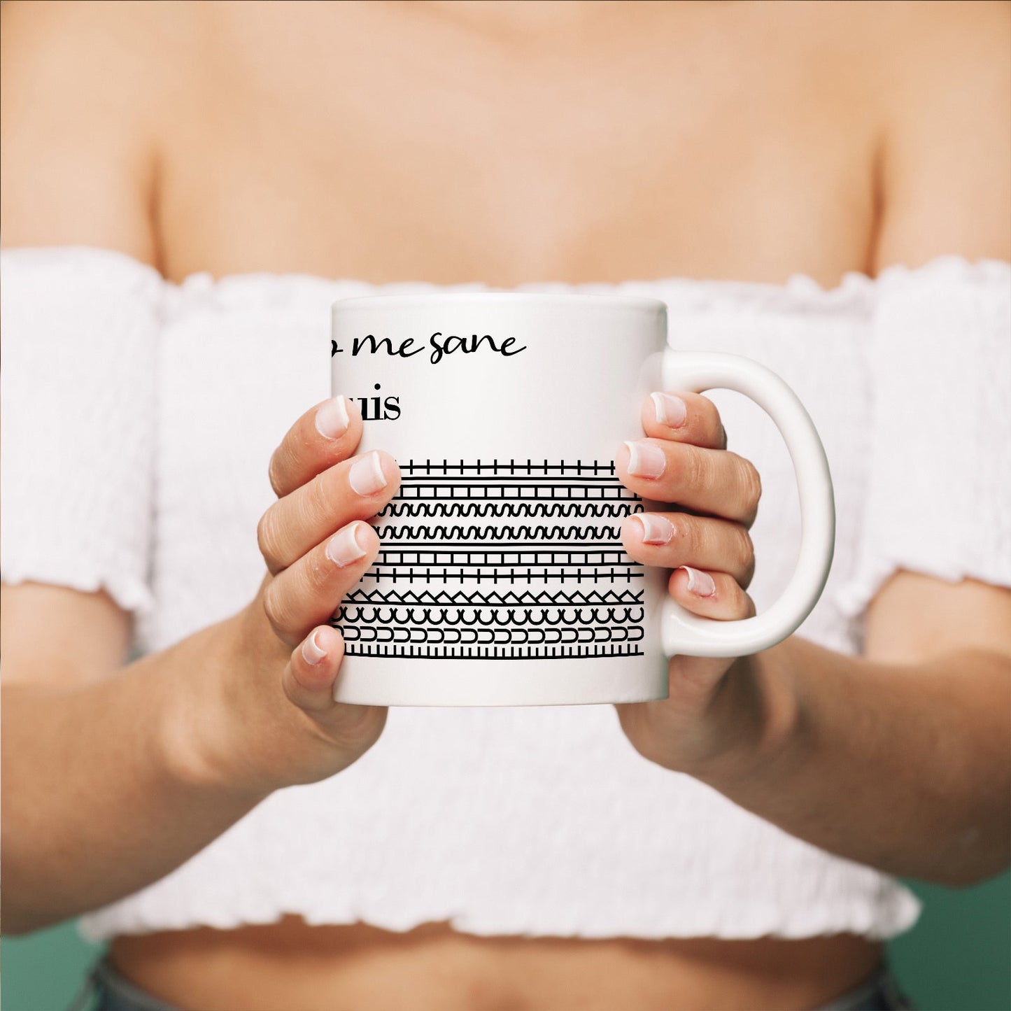 Woman holding 365Gifty personalized 'You Keep Me Sane' mug with black geometric stripes on white ceramic