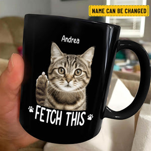 Custom pet photo mug featuring a cat with personalized name options for pet lovers