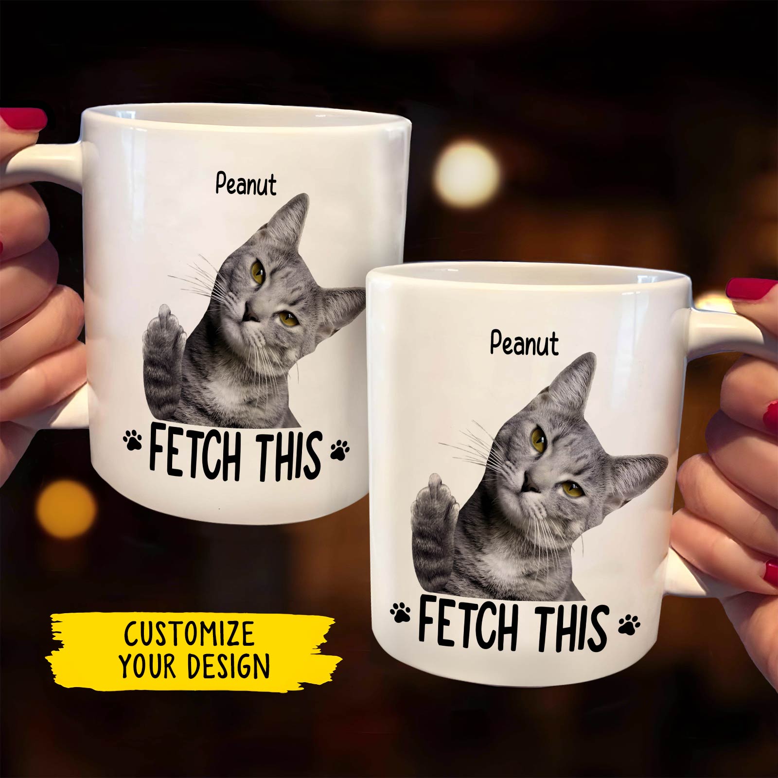 Custom pet photo mug featuring a cat with personalized text for pet lovers