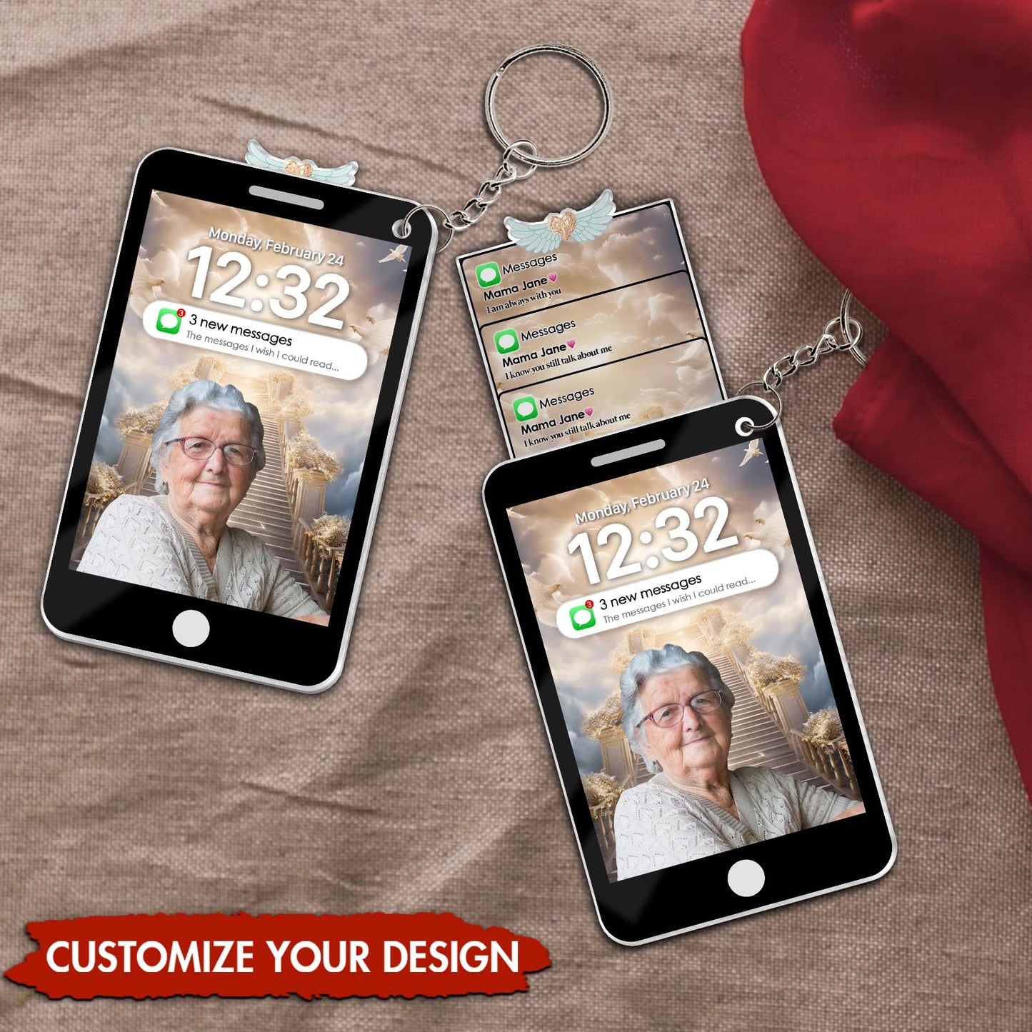 Custom photo memorial keychain featuring a personalized design with a photo and decorative elements