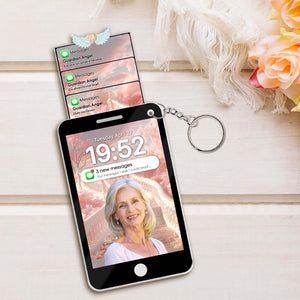 Custom photo memorial keychain featuring a personalized angel-themed design and a photo display
