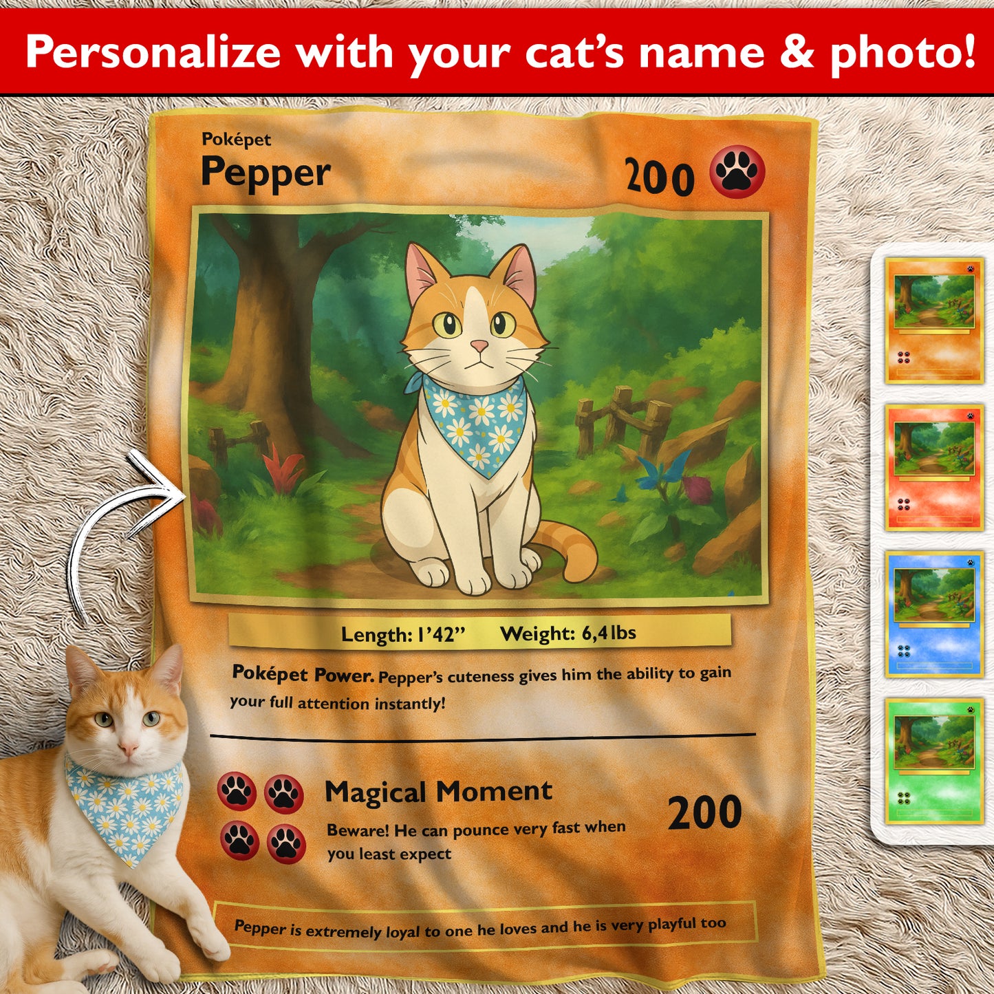 Custom photo pet blanket gift featuring a personalized cat illustration and playful design