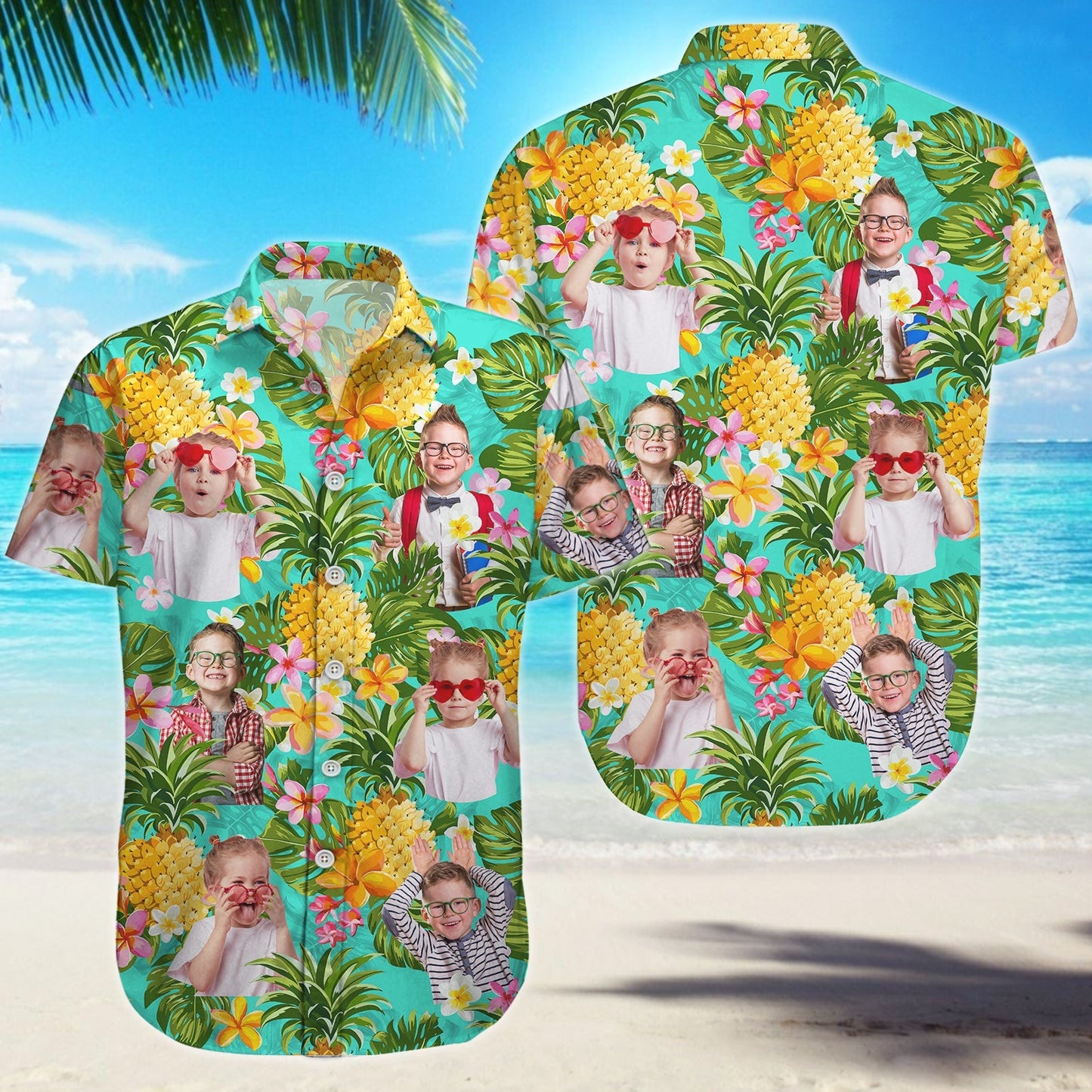 Custom pineapple linen shirt with bright tropical design and personalized photo prints on beach background