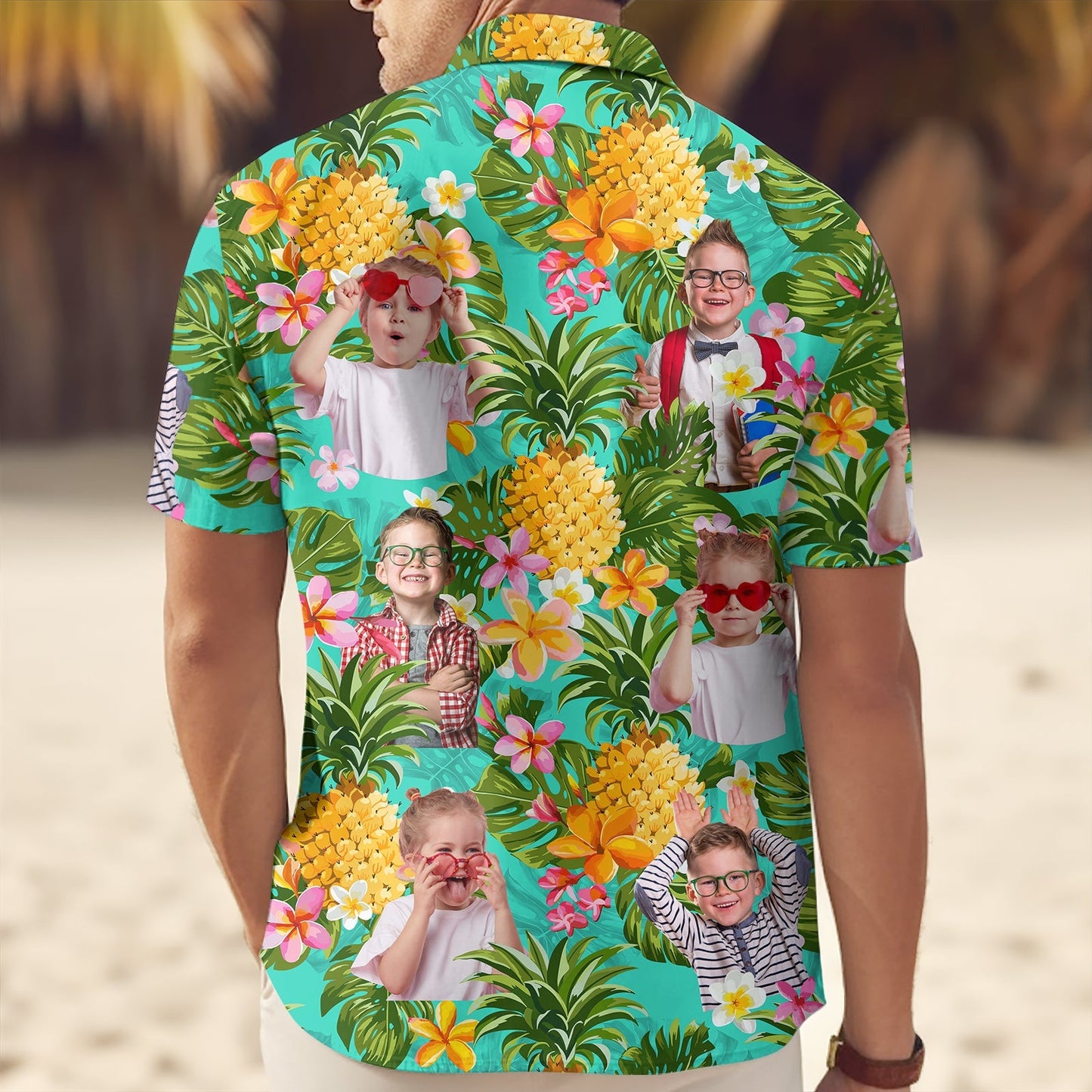 365Gifty custom pineapple linen shirt featuring tropical pineapples and personalized photos on turquoise background