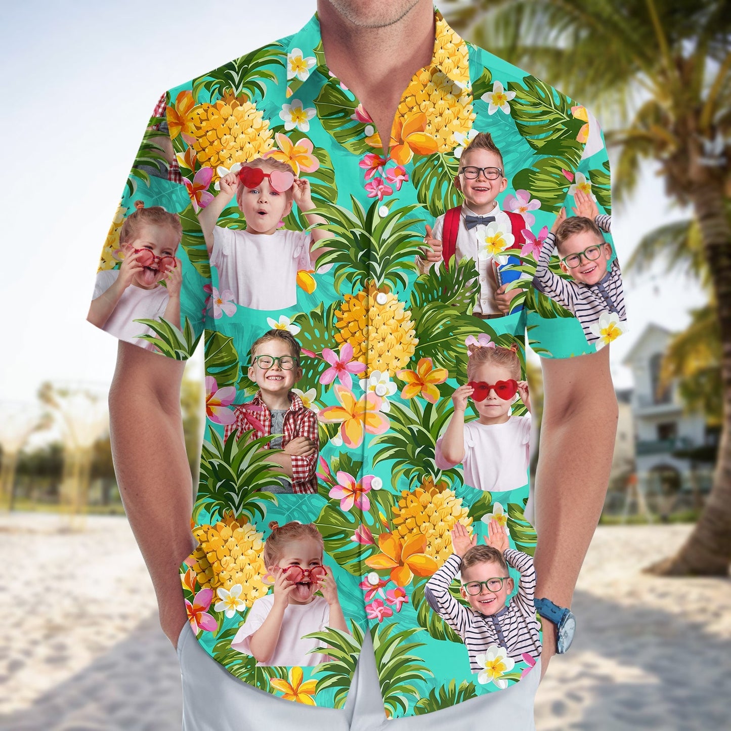 365Gifty custom pineapple linen shirt featuring tropical design with pineapples and personalized child photos