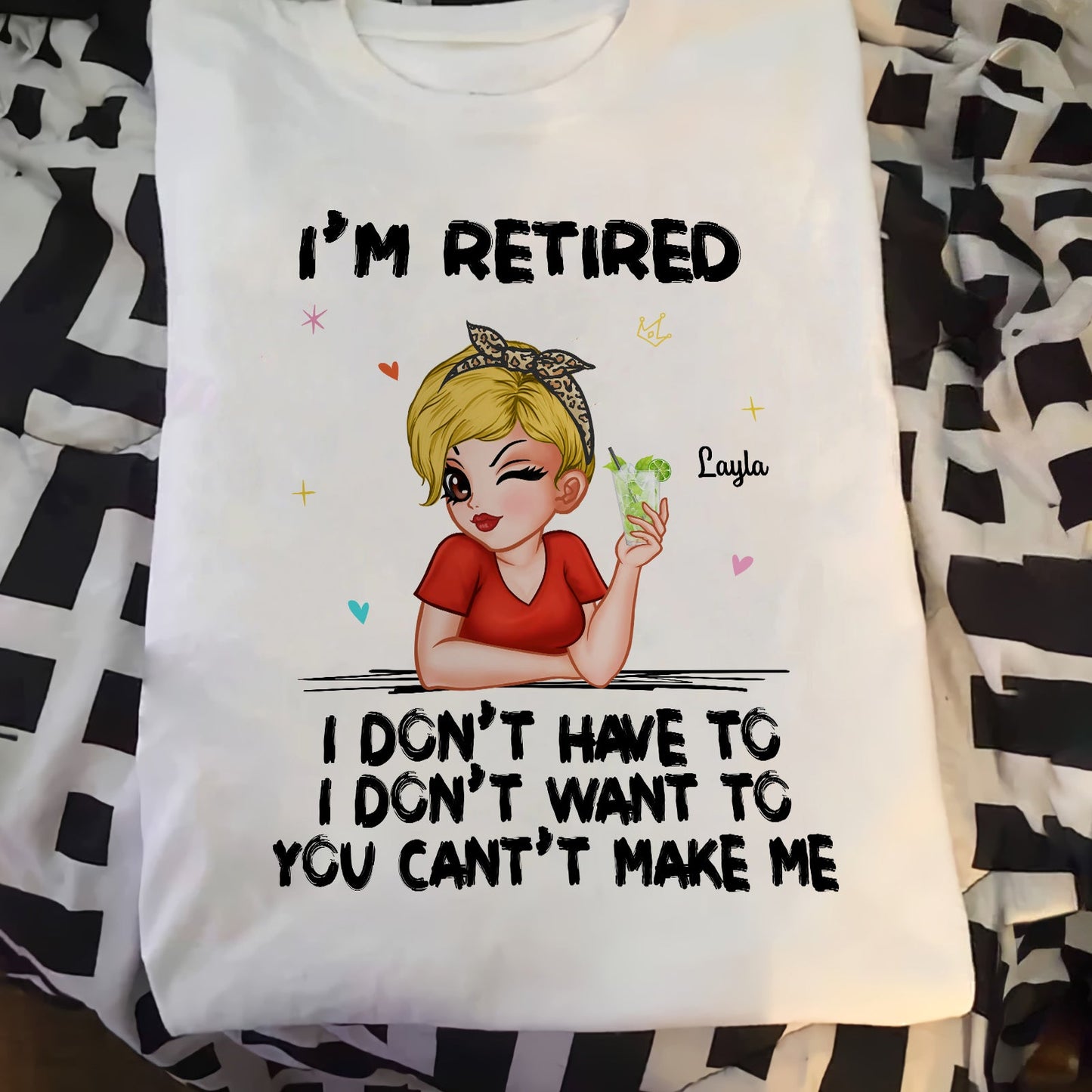 Custom retired gift for women white shirt with cartoon woman and humorous retirement quote