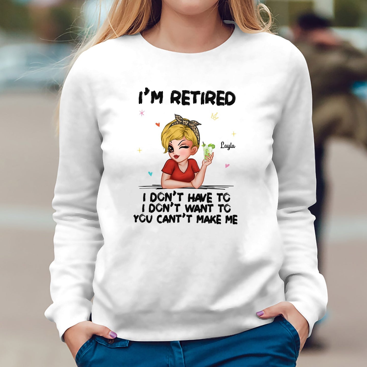 Custom retired gift for women white sweatshirt with cartoon woman and retirement quote