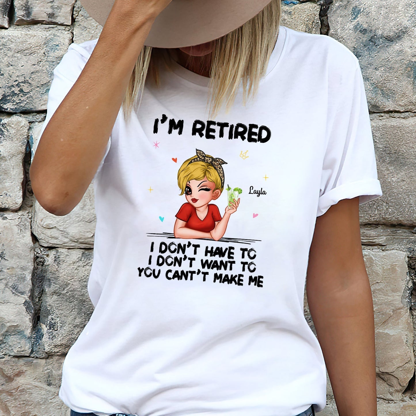White t-shirt featuring custom retired gift for women with a cartoon woman and retirement quote
