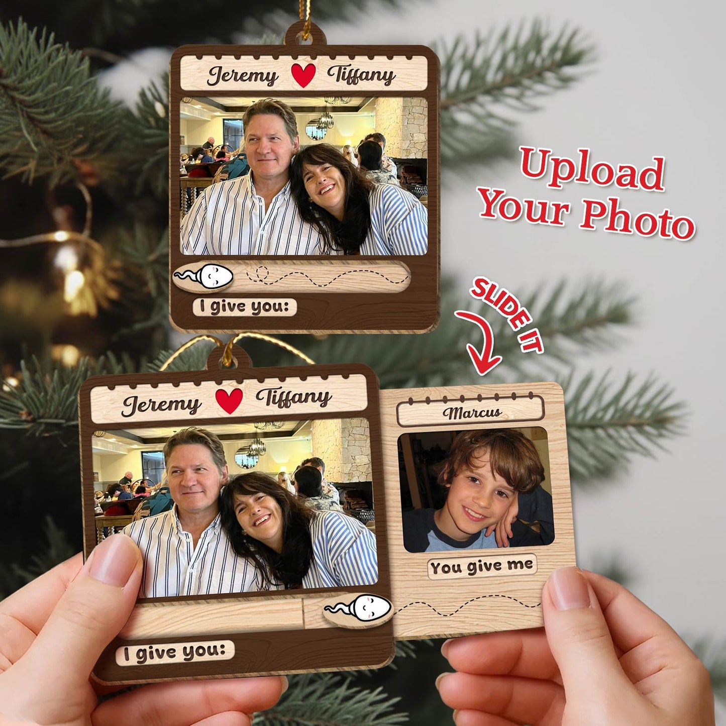 Custom slider photo ornament for family with two photo slots and personalized text