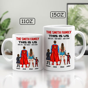 Custom this is us coffee mug with superhero family design personalized with names Layla Jack Elisa John