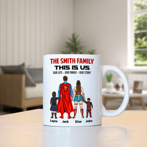 Custom this is us coffee mug with superhero family design and personalized names on white ceramic