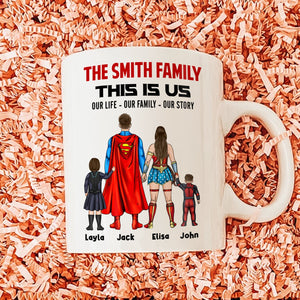 Custom this is us coffee mug with superhero family design and personalized names on white ceramic mug