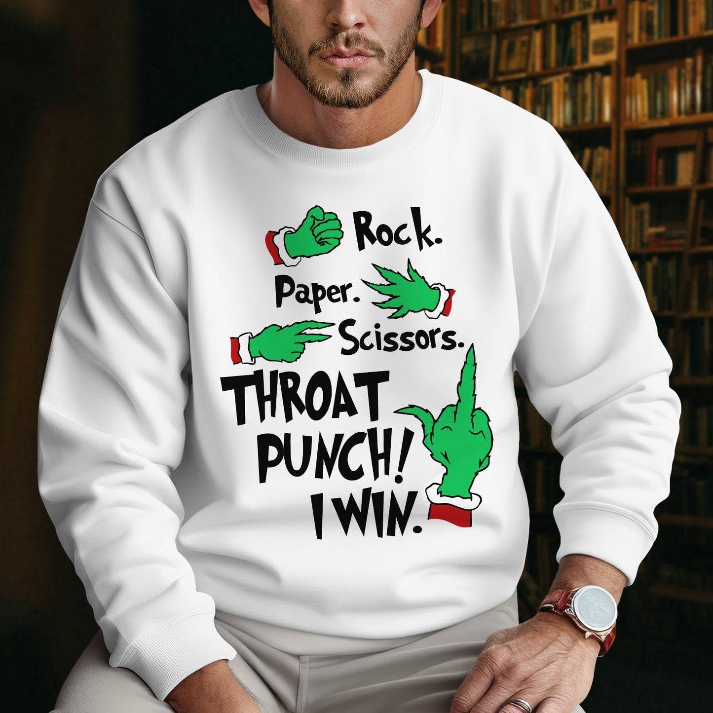 White custom throat punch Christmas tee with rock paper scissors graphic and green hand designs