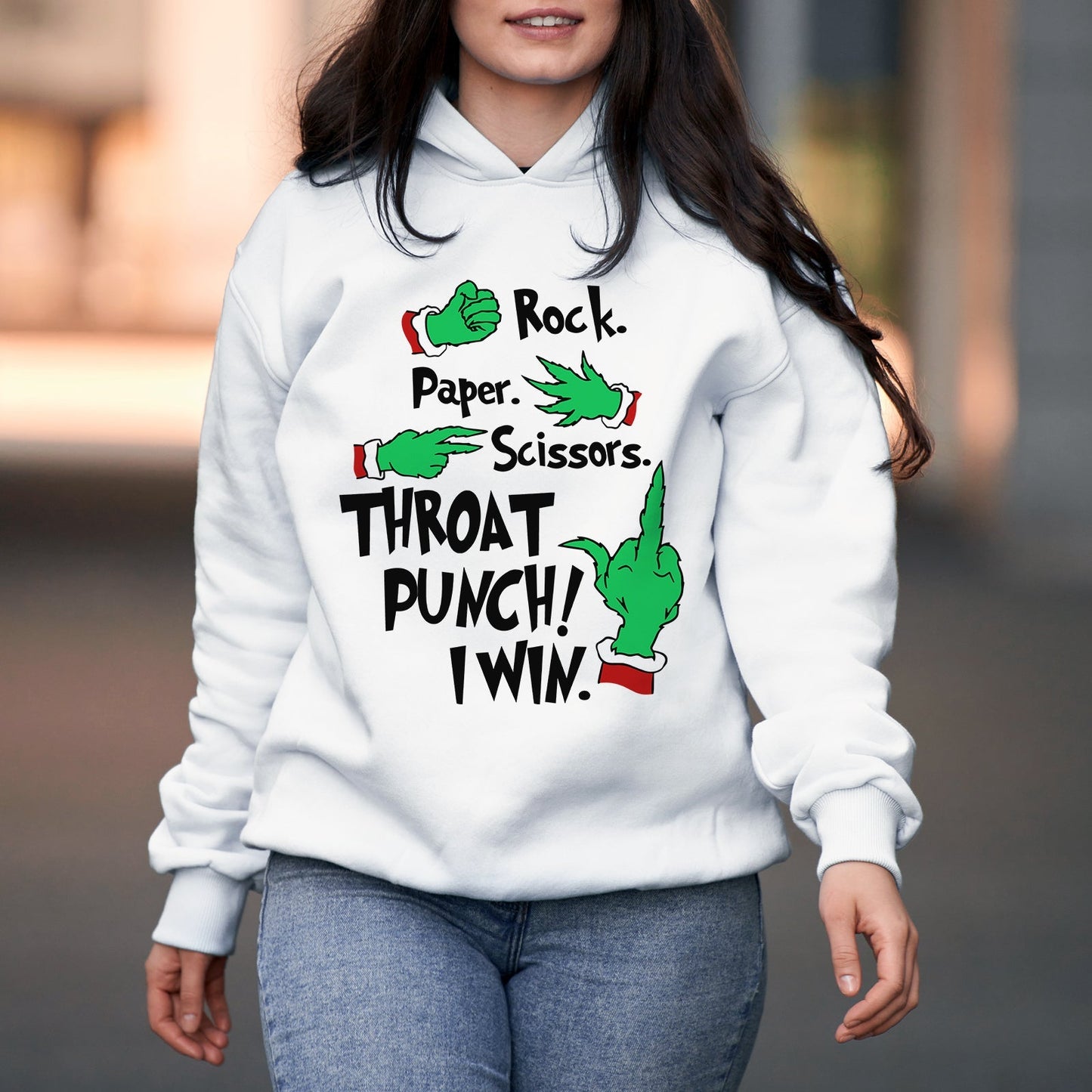 Custom throat punch Christmas tee white hoodie with green hand graphics and playful rock paper scissors design