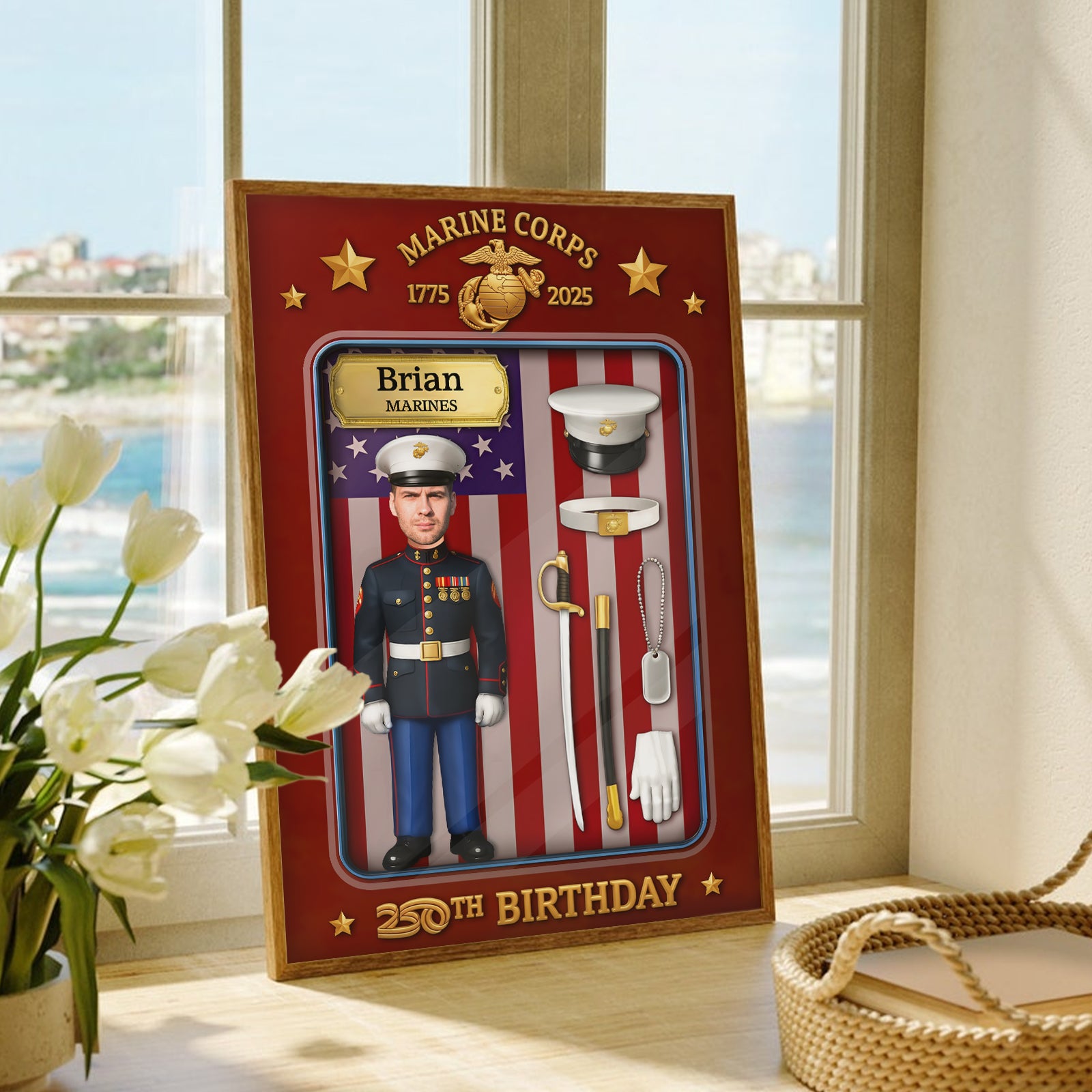 Custom US Marine Corps poster featuring a personalized character and patriotic colors for a special occasion