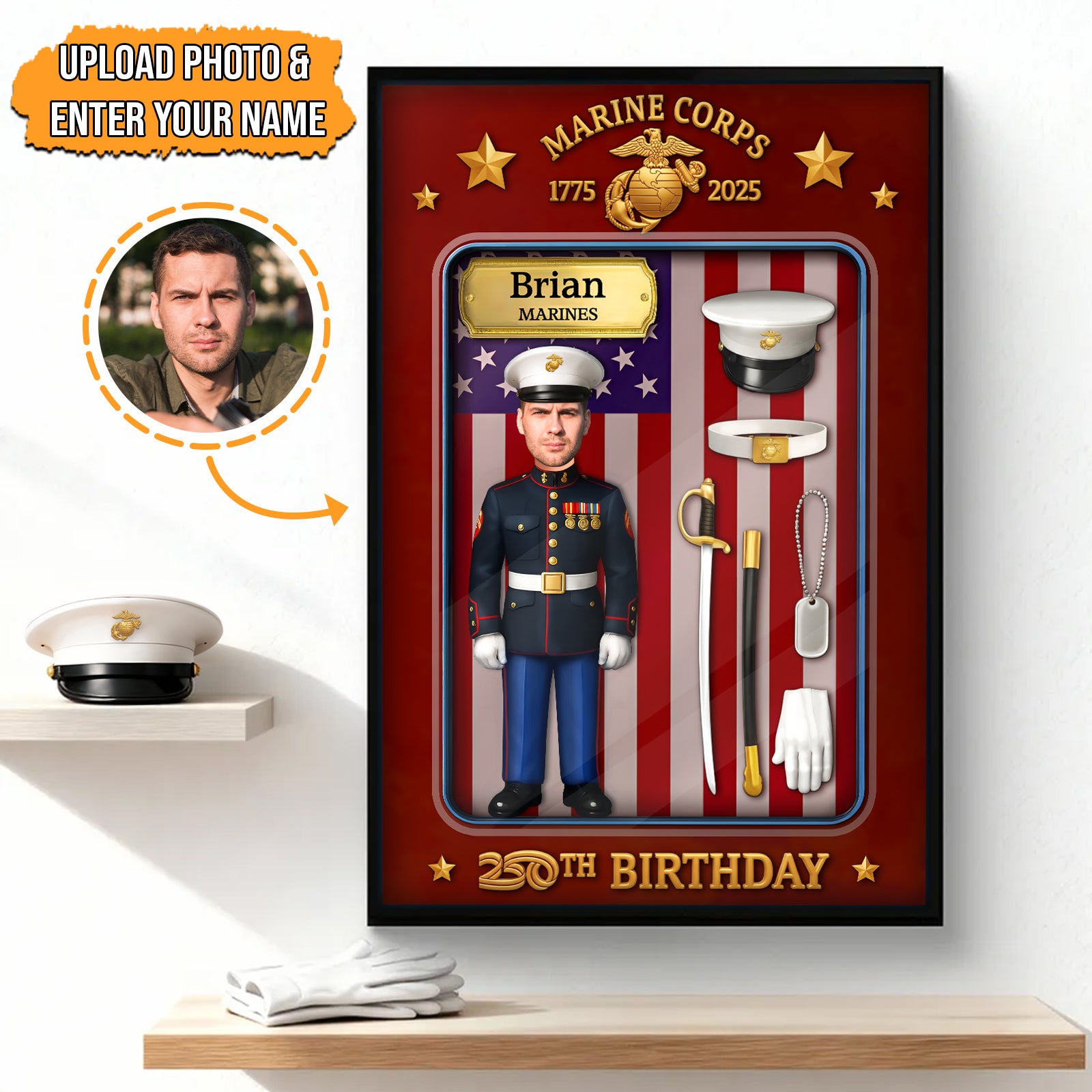 Custom US Marine Corps poster featuring personalized name and items for a 20th birthday celebration