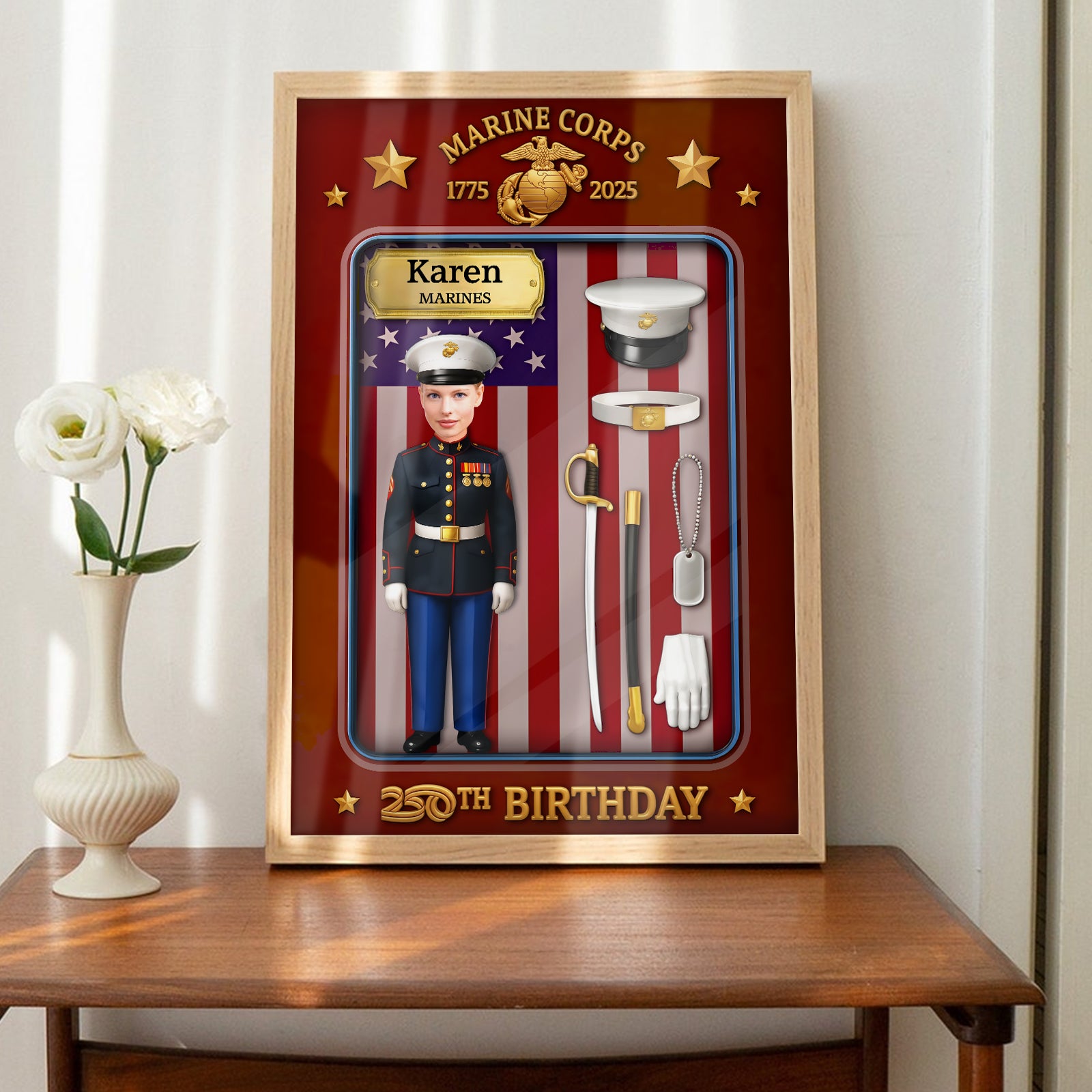 Custom US Marine Corps poster featuring a figurine and flags for a 25th birthday celebration