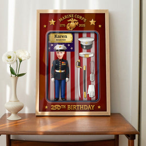 Custom US Marine Corps poster featuring a figurine and flags for a 25th birthday celebration