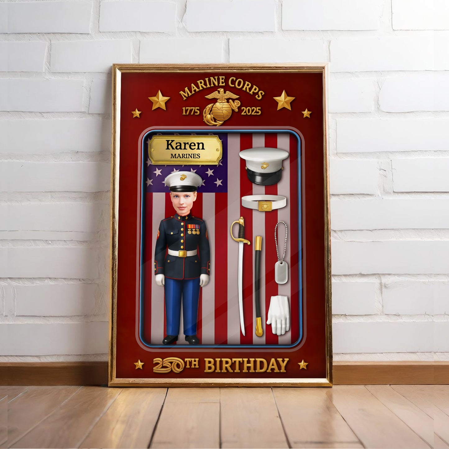 Custom US Marine Corps poster featuring a personalized figure and military accessories for a special birthday