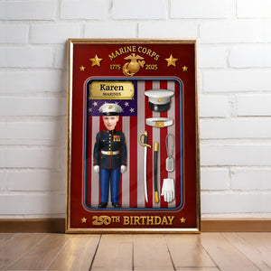 Custom US Marine Corps poster featuring a personalized figure and military accessories for a special birthday