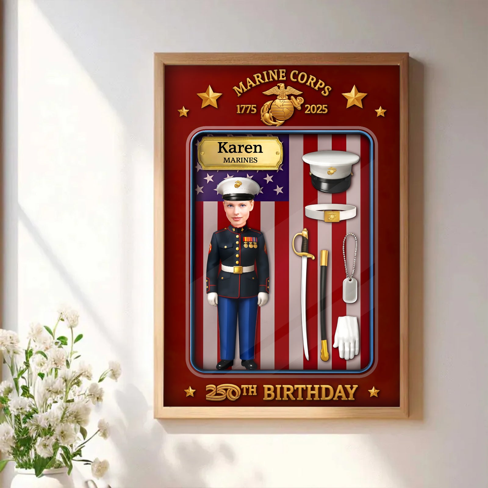 Custom US Marine Corps poster featuring a personalized marine figurine and decorative elements