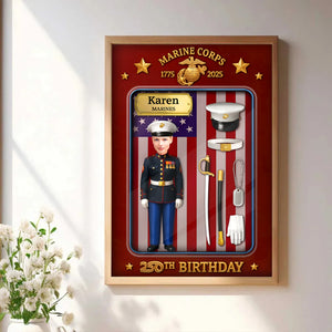 Custom US Marine Corps poster featuring a personalized marine figurine and decorative elements