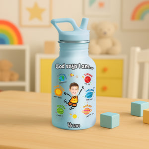 Light blue Water Bottle For Kids with inspirational design and personalized name on a wooden table