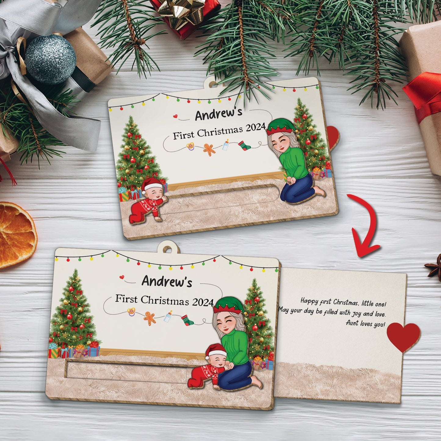 Custom wooden Christmas slider card with festive trees and child illustrations for First Christmas 2024