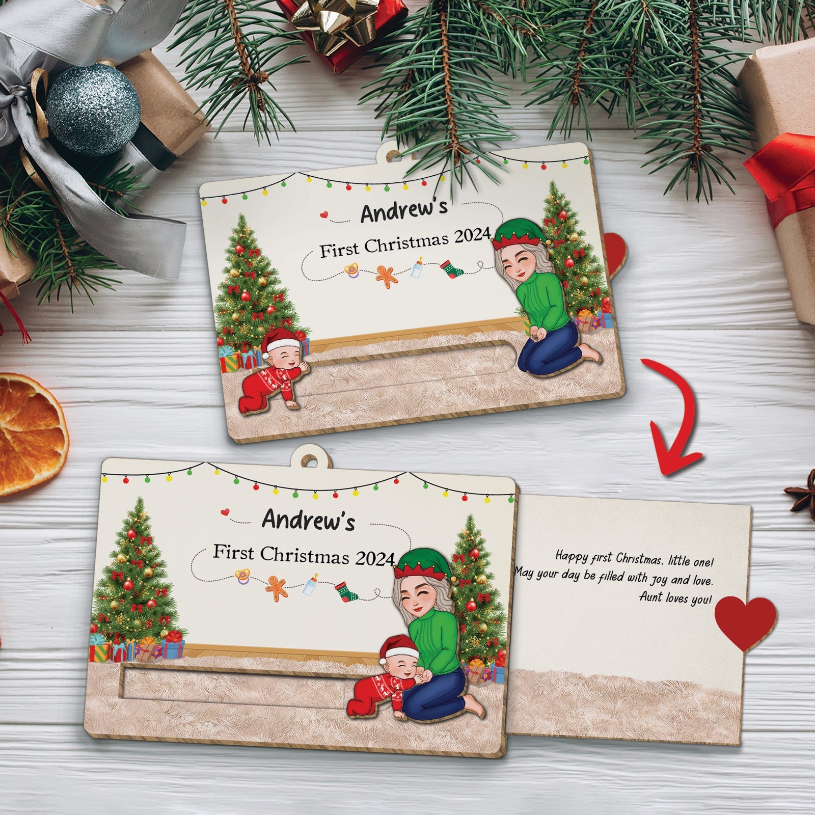 Custom wooden Christmas slider card with festive trees and child illustrations for First Christmas 2024