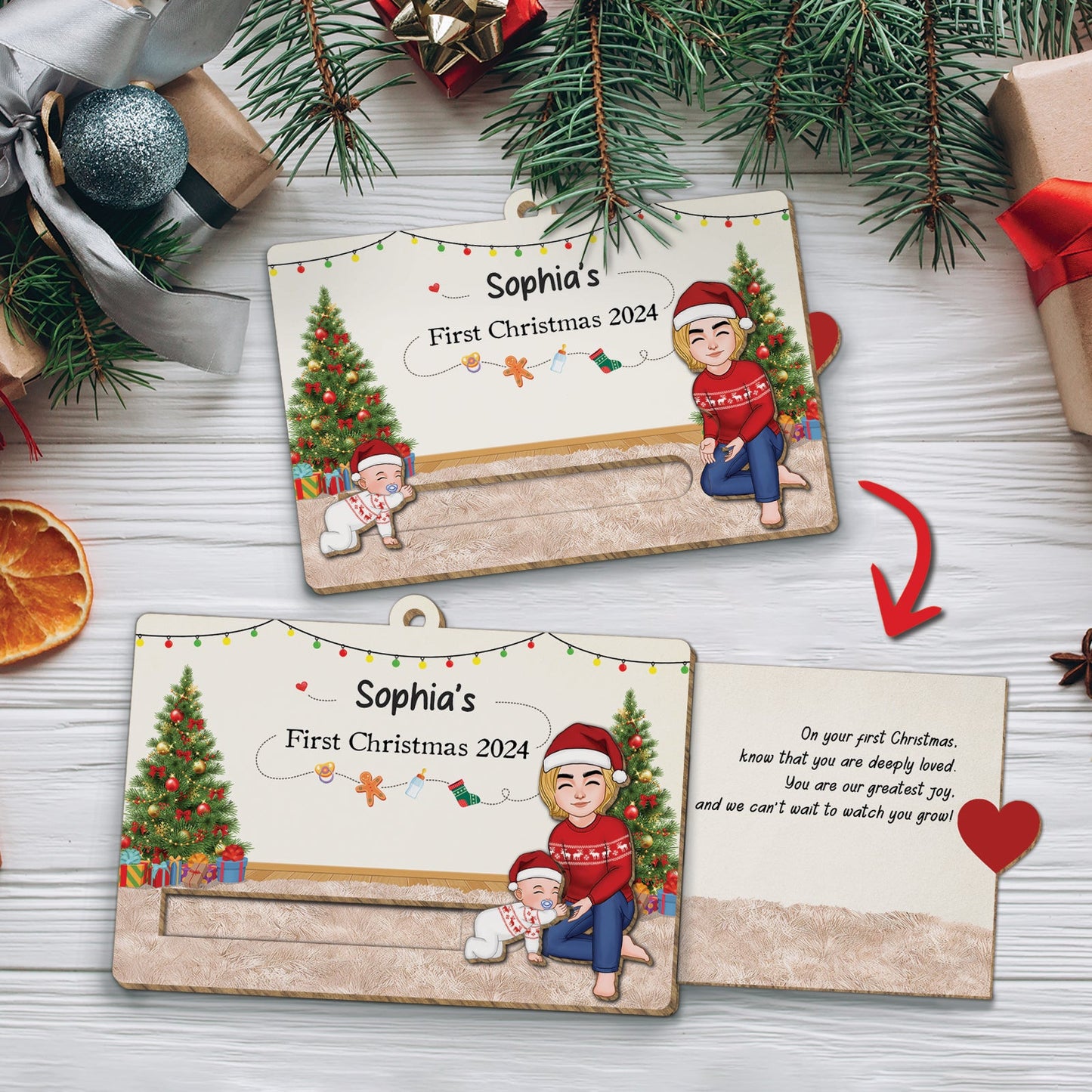 Personalized custom wooden Christmas slider card with festive trees and family illustration for first Christmas 2024