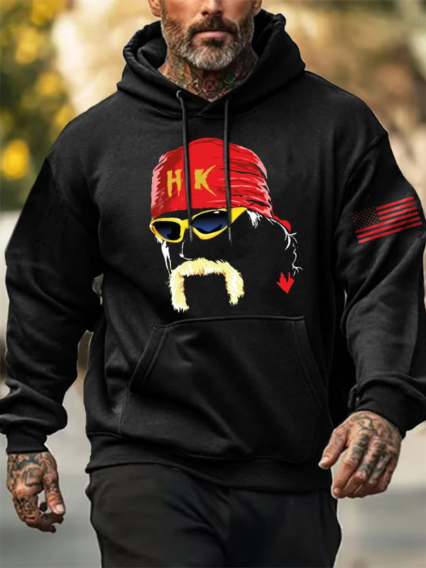 Black hoodie with custom wrestling fan apparel featuring a bearded man in red bandana and sunglasses design
