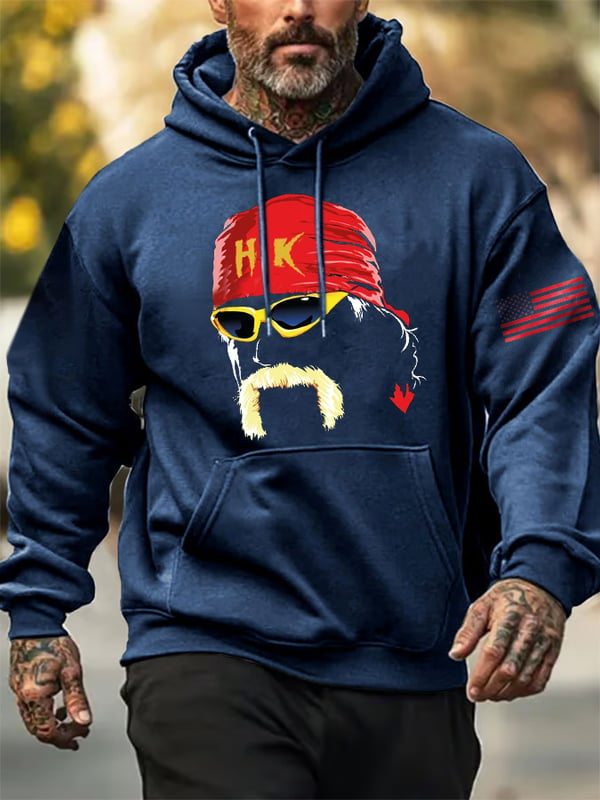 Man wearing navy blue hoodie with custom wrestling fan apparel graphic featuring red bandana and yellow sunglasses