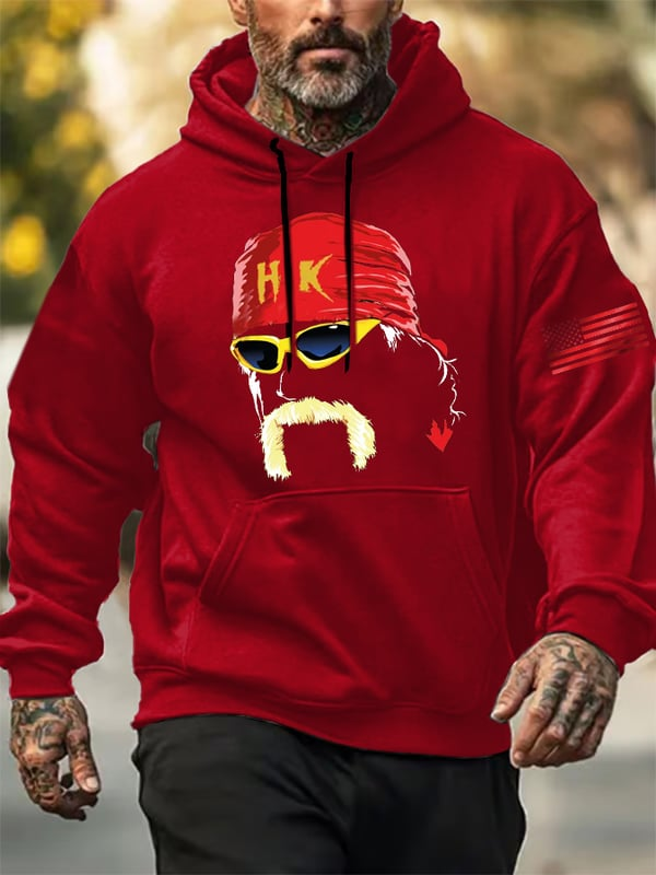 Red hoodie featuring custom wrestling fan apparel design with HK bandana and sunglasses