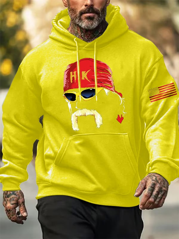 Yellow hoodie featuring custom wrestling fan apparel design with HK bandana and American flag patch