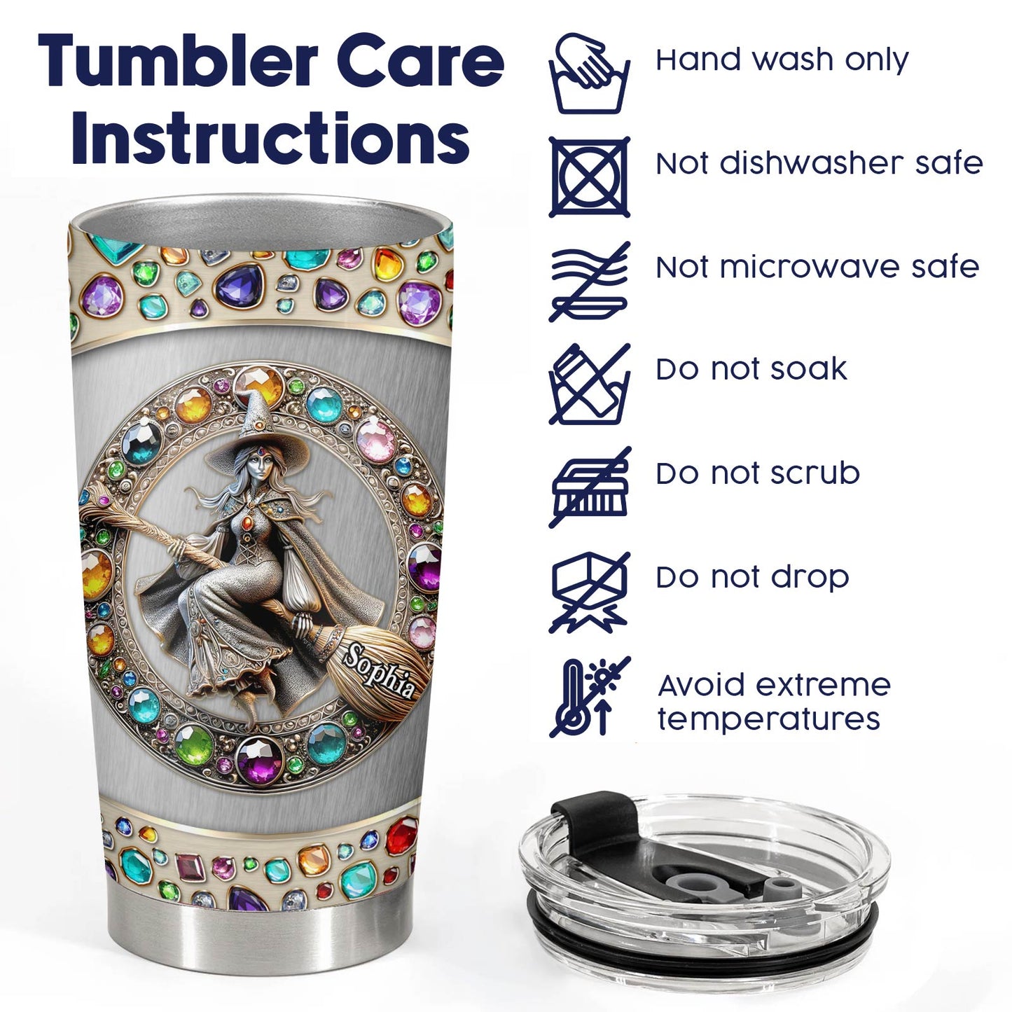 Personalized witch tumbler with colorful gem design and witch illustration with care instructions