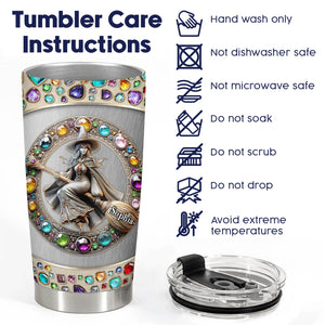 Personalized witch tumbler with colorful gem design and witch illustration with care instructions