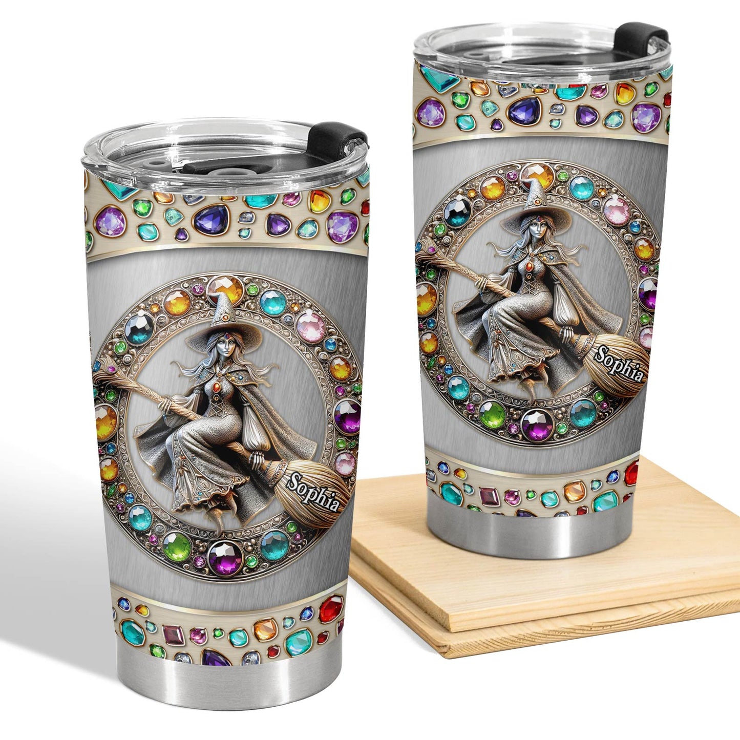 Personalized witch tumbler with colorful gem accents and custom name Sophia on broomstick design